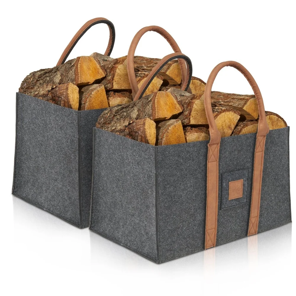 OAKAGE Holzkorb Filzshopper 2er Set Dunkelgrau aus recyceltem Filz 33 x 50 x 30 cm