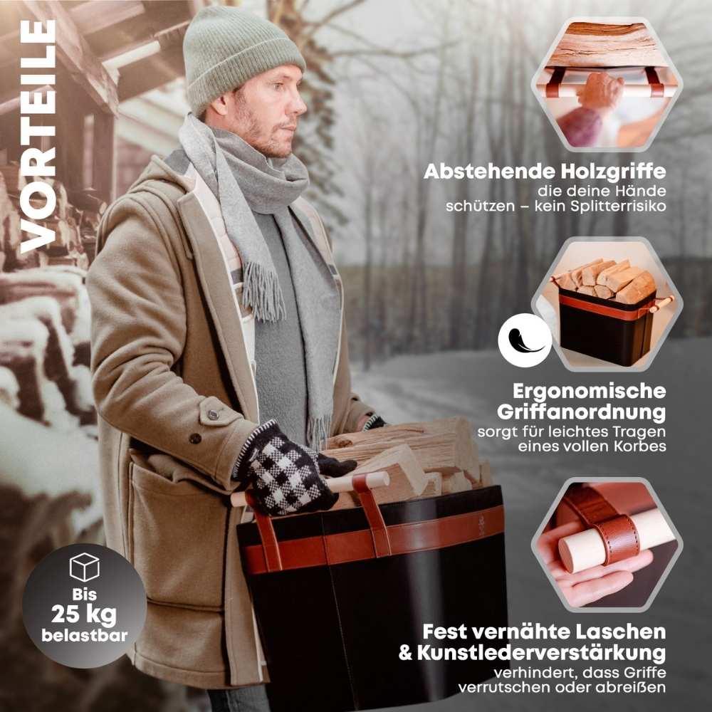 OAKAGE LuxeLeather Holzkorb Schwarz aus veganem Leder mit Buchenholzgriffen, in Verwendung