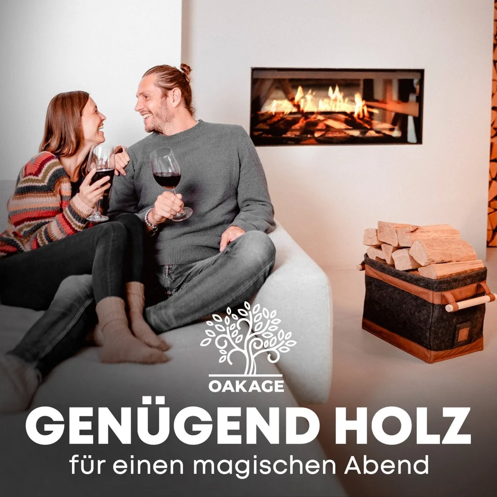 OAKAGE FireMaster Holzkorb Dunkelgrau aus recyceltem Filz mit Buchenholzgriffen - 35x42x35cm
