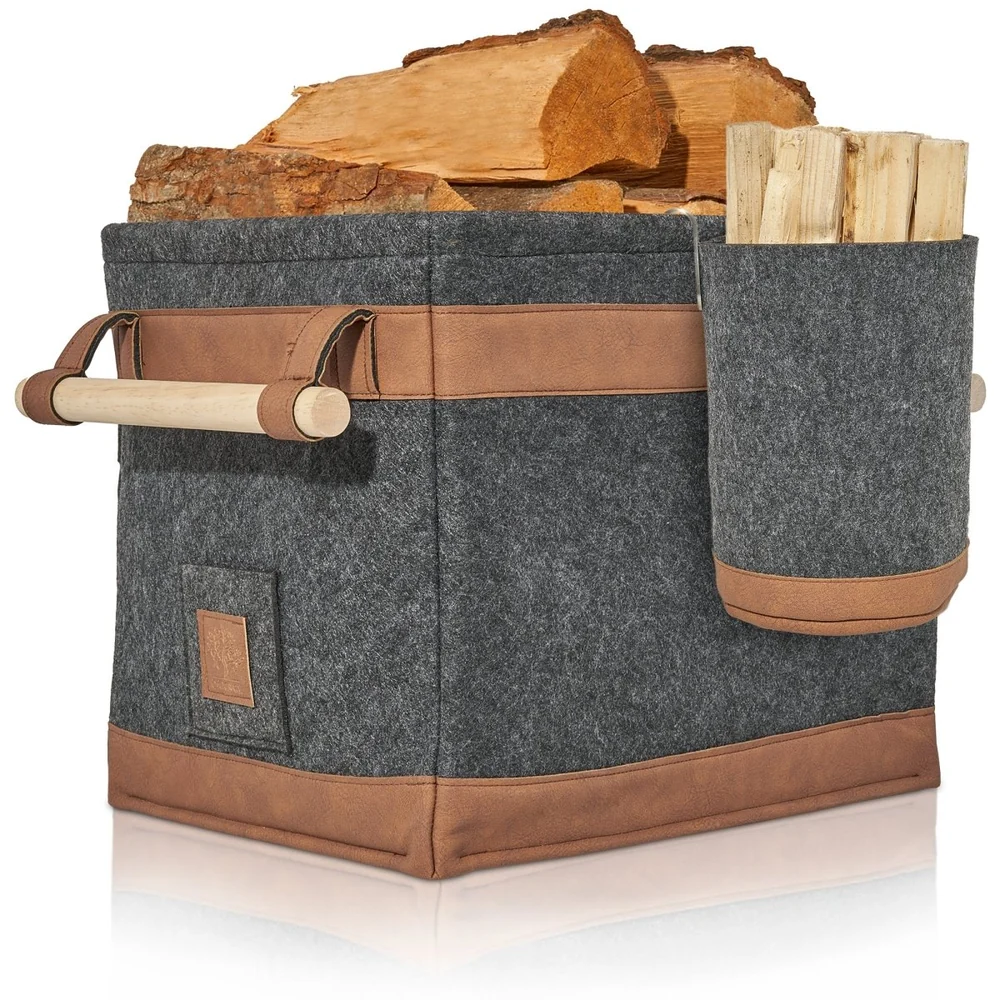OAKAGE FireMaster Duo Holzkorb Dunkelgrau mit Zündholzkorb - Kaminholzkorb aus recyceltem Filz - 35x42x35cm