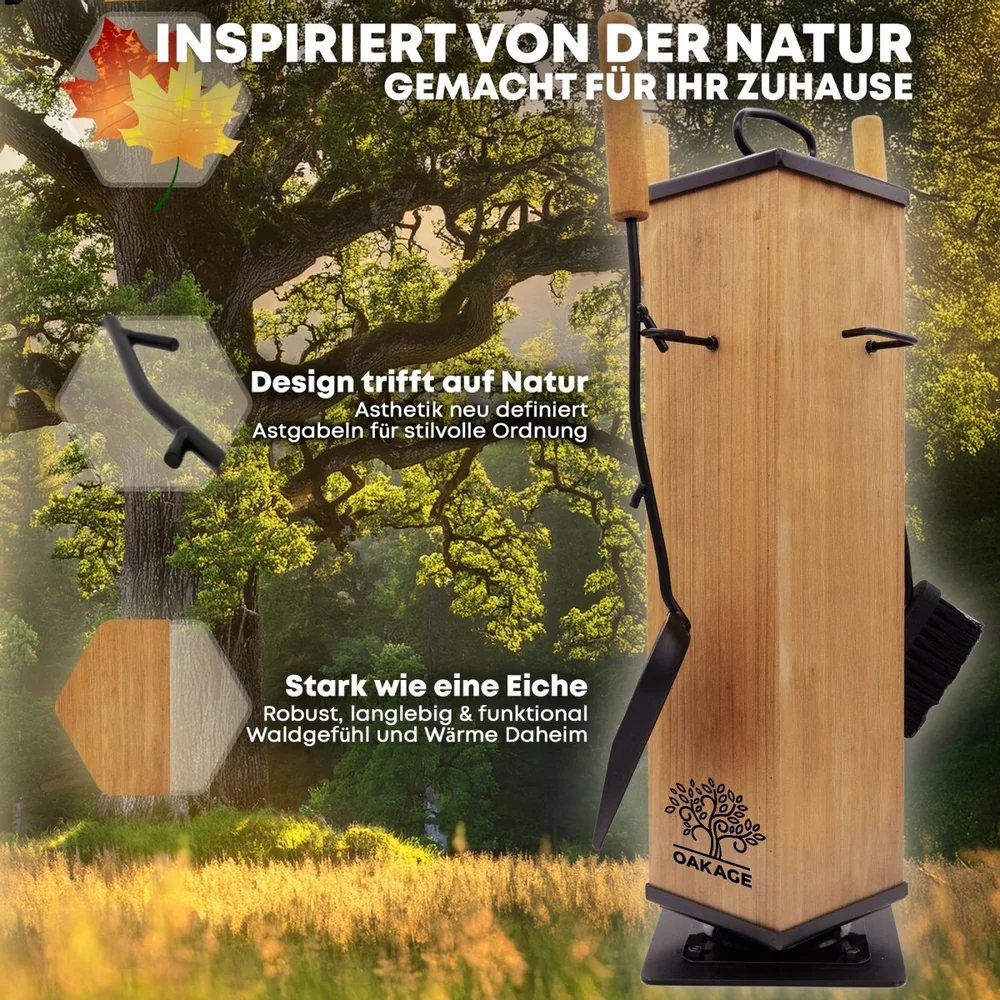 OAKAGE LuxeLeather Kaminbesteck, 5-teilig aus Buchenholz und Stahl mit Zündholzkorb