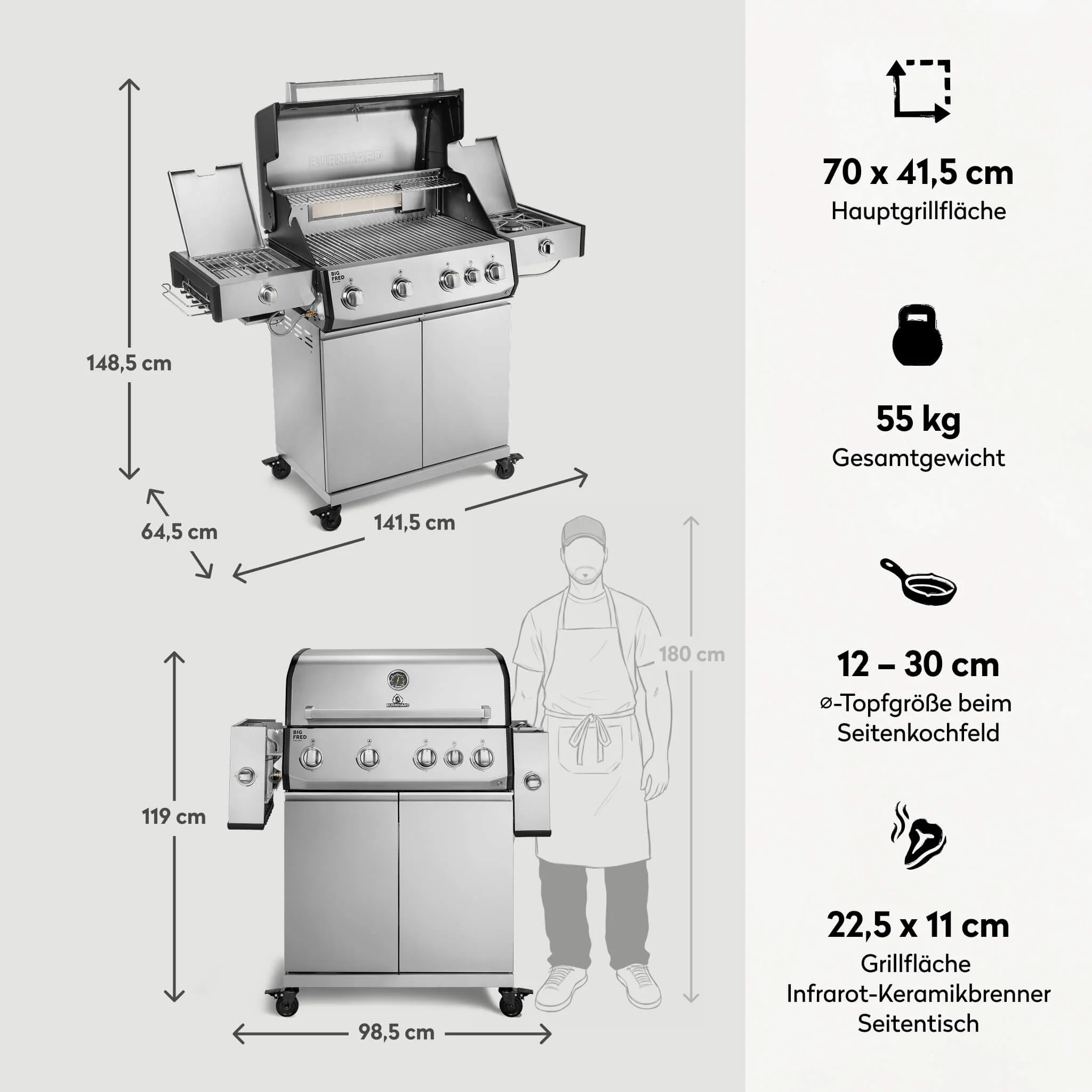 BURNHARD Big FRED Deluxe Plus Gasgrill 4 Brenner Series 4 Edelstahl Grill mit Edelstahl Grillrost Maximale BBQ Power 24,7 kW Premium Ausstattung von BURNHARD
