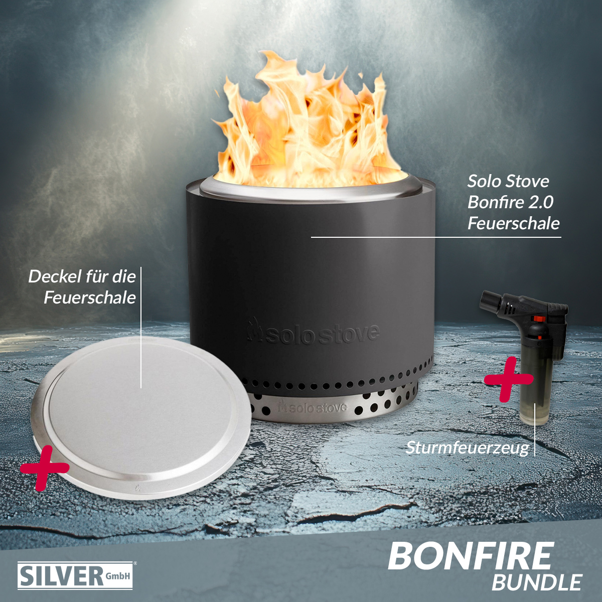 Solo Stove BONFIRE 2.0 Ash Bundle inkl. Edelstahl Deckel + Standfuß + Tragetasche + Sturmfeuerzeug
