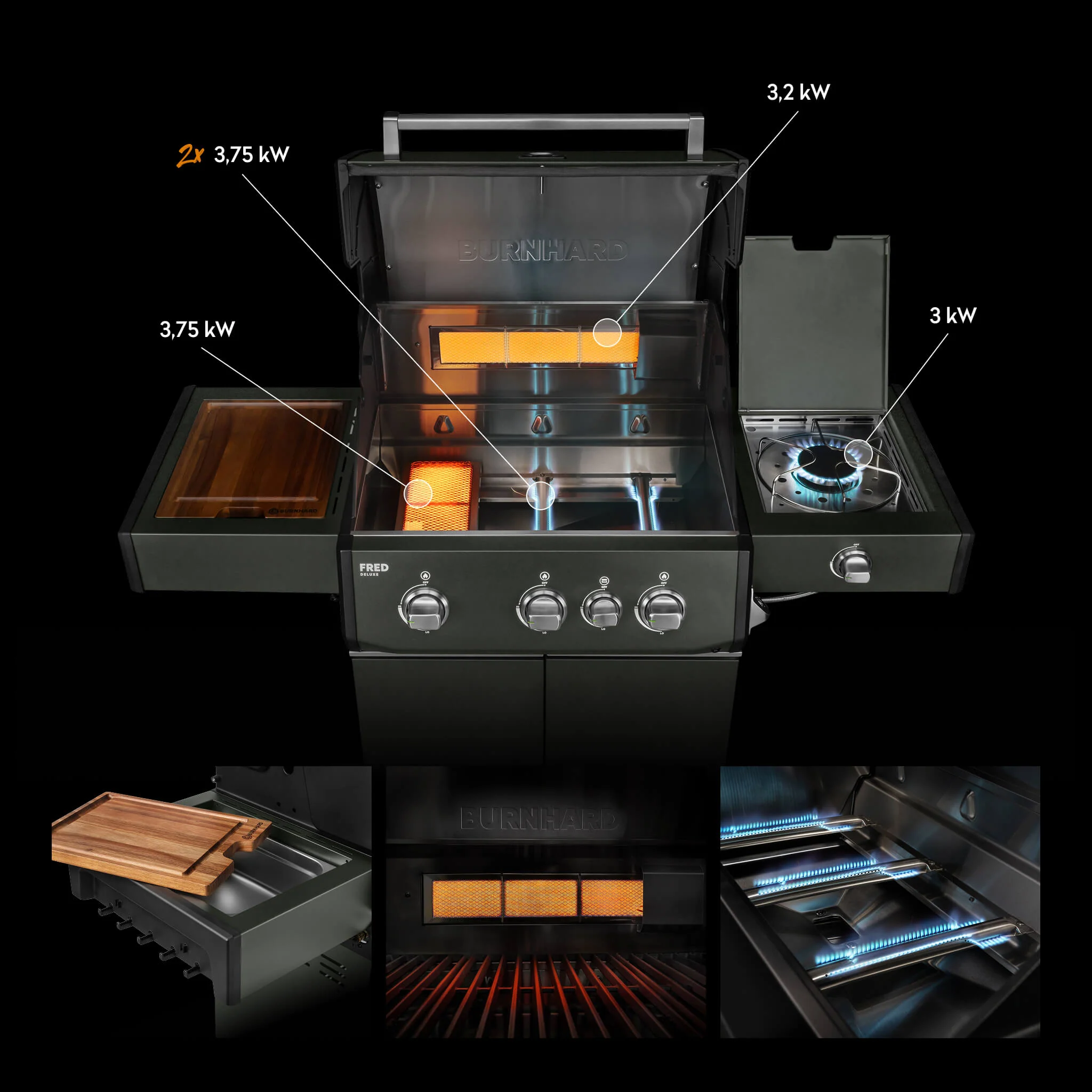 BURNHARD FRED Deluxe Gasgrill 3 Brenner Series 4 Green Edition mit Gusseisenrost Maximale BBQ Power modern nachhaltig von BURNHARD