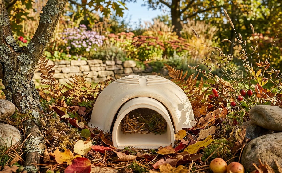 DENK Keramik Igelhaus aus CeraNatur mit Eingangstunnel in herbstlichem Garten zwischen Laub und Steinen