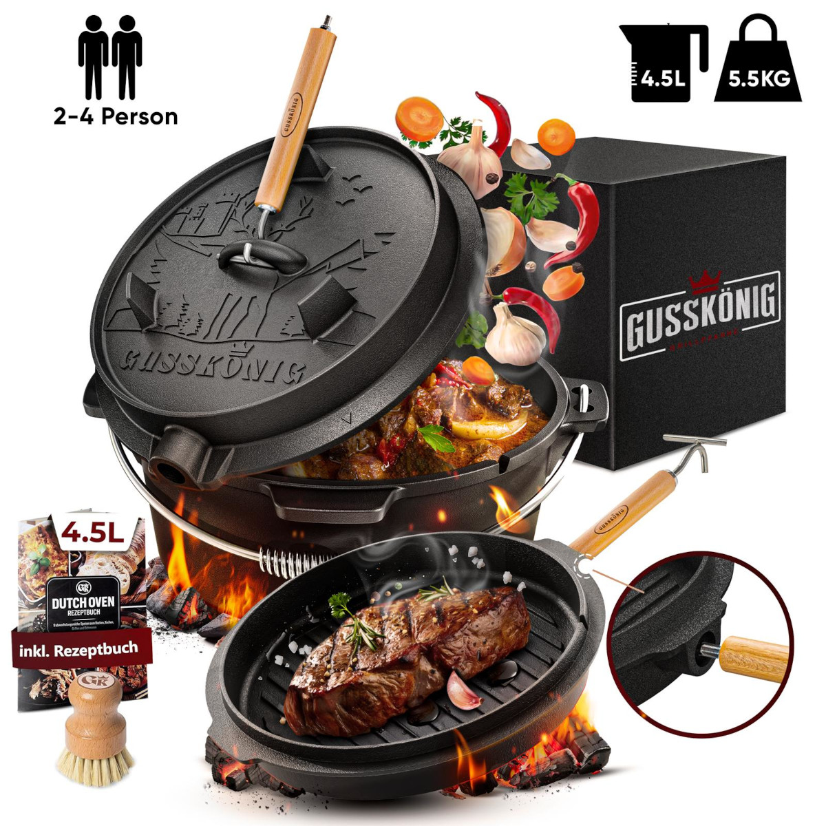 GUSSKÖNIG 4,5 Liter Dutch Oven Set mit Füßen | Eingebrannter Feuertopf | 2in1 Deckelheber | Bürste von GUSSKÖNIG