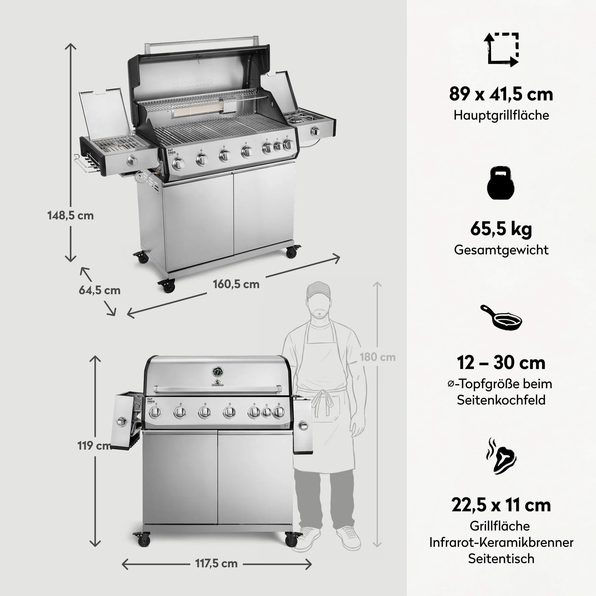 BURNHARD Fat FRED Deluxe Plus Gasgrill 6 Brenner Series 4 Edelstahl Grill mit Edelstahl Grillrost Maximale BBQ Power 30,7 kW XXL Premium Ausstattung von BURNHARD