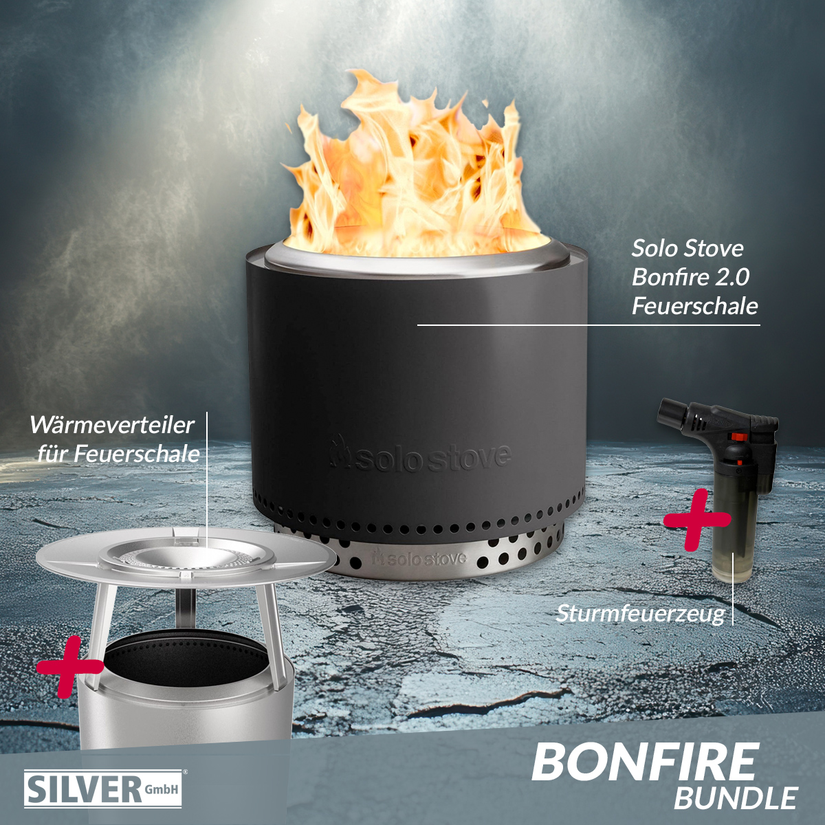 Solo Stove BONFIRE 2.0 Ash Bundle inkl. Edelstahl Wärmeverteiler + Standfuß + Tragetasche + Sturmfeuerzeug