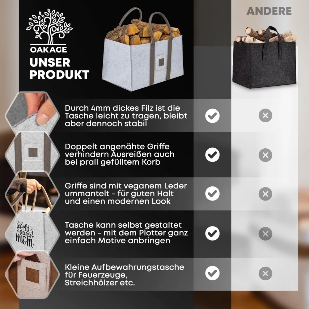 OAKAGE Holzkorb Filzshopper aus recyceltem Filz 50 x 33 x 30 cm in Hellgrau