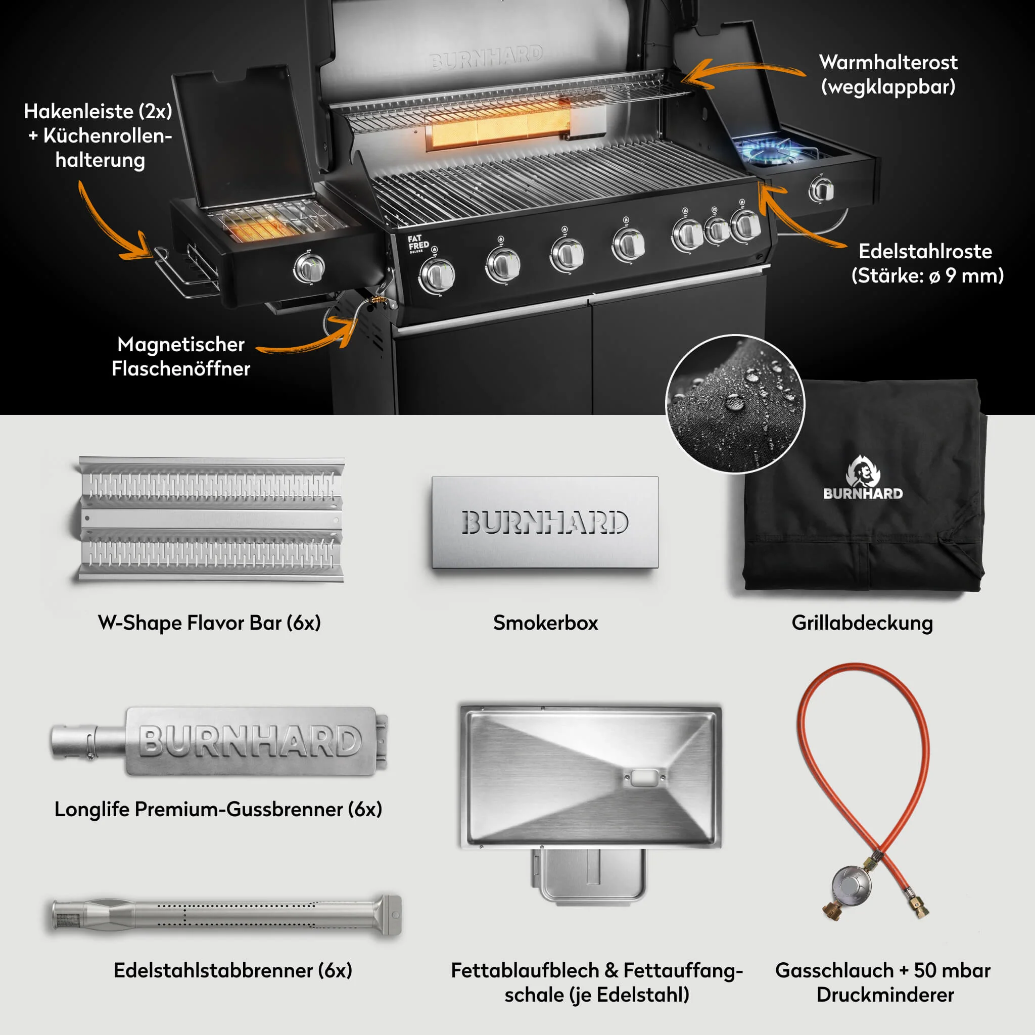 BURNHARD Fat FRED Deluxe Plus Gasgrill 6 Brenner Series 4 Black Edition mit Edelstahl Grillrost Maximale BBQ Power 30,7 kW XXL Premium Ausstattung von BURNHARD