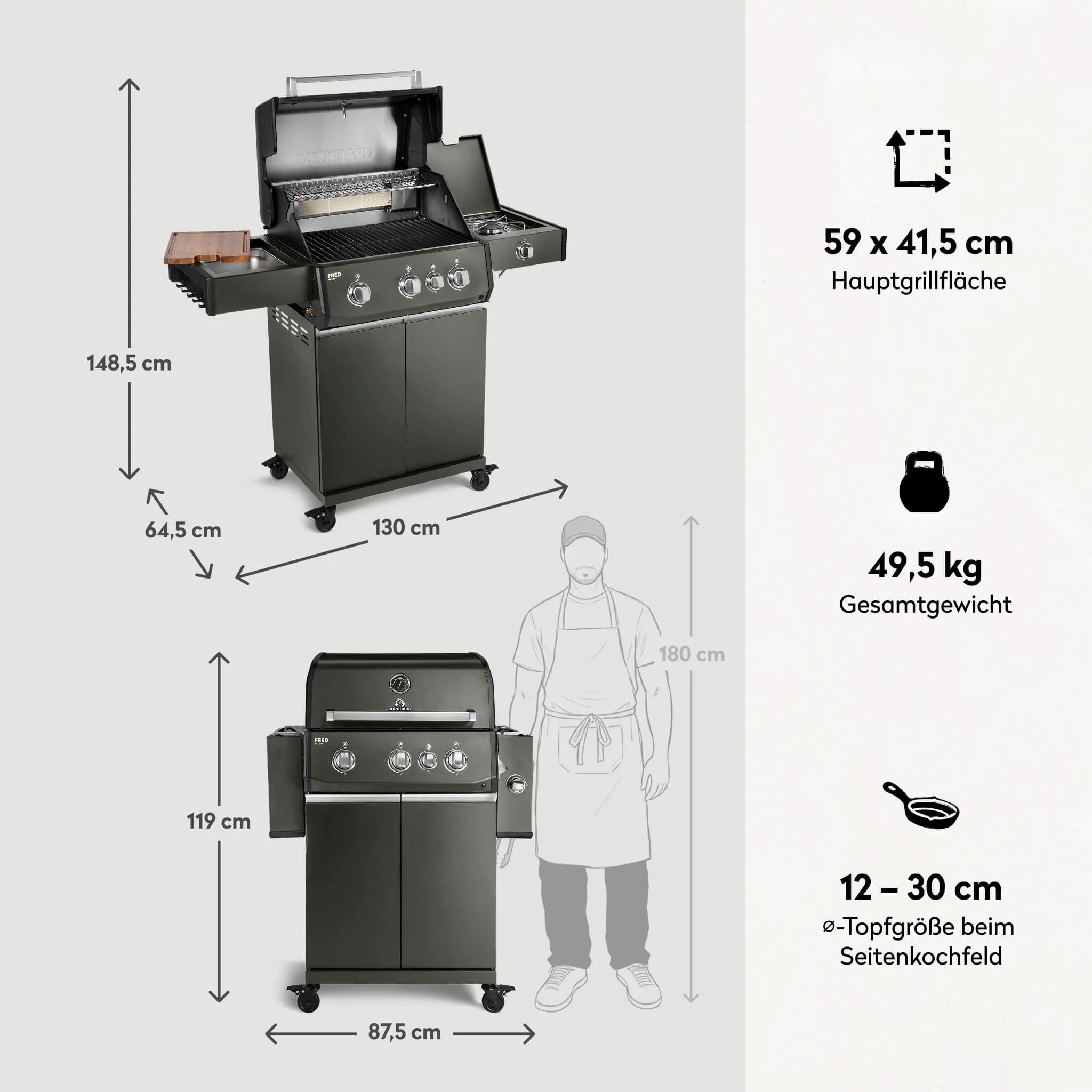 BURNHARD FRED Deluxe Gasgrill 3 Brenner Series 4 Green Edition mit Gusseisenrost Maximale BBQ Power modern nachhaltig von BURNHARD