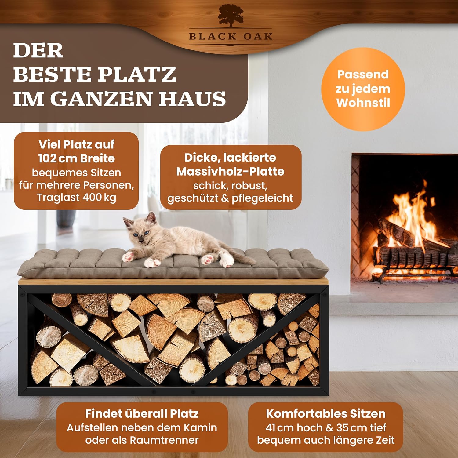 BLACK OAK Kaminholzbank Ohio schwarz matt bis 400kg - 102 × 41 × 35 cm von BLACK OAK
