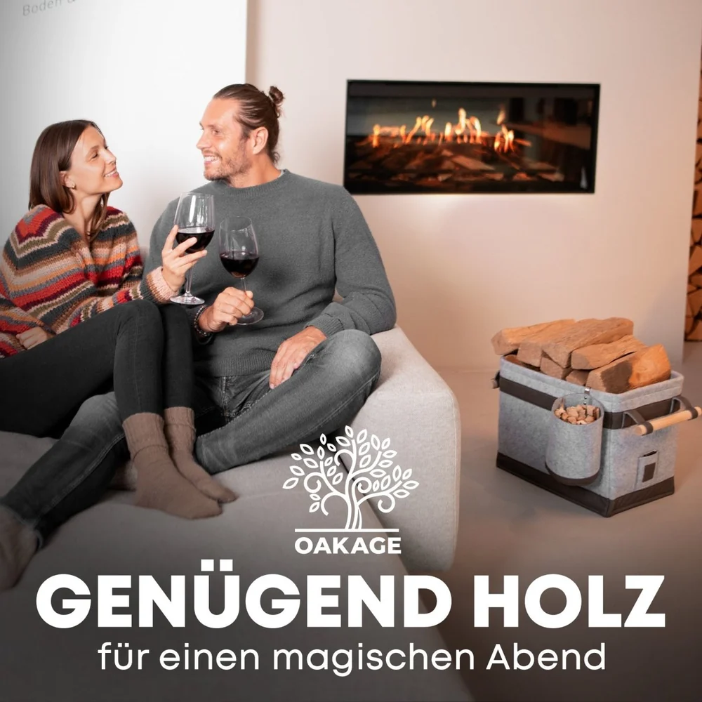OAKAGE FireMaster Duo Holzkorb Hellgrau mit Zündholzkorb aus recyceltem Filz - 35x42x35cm