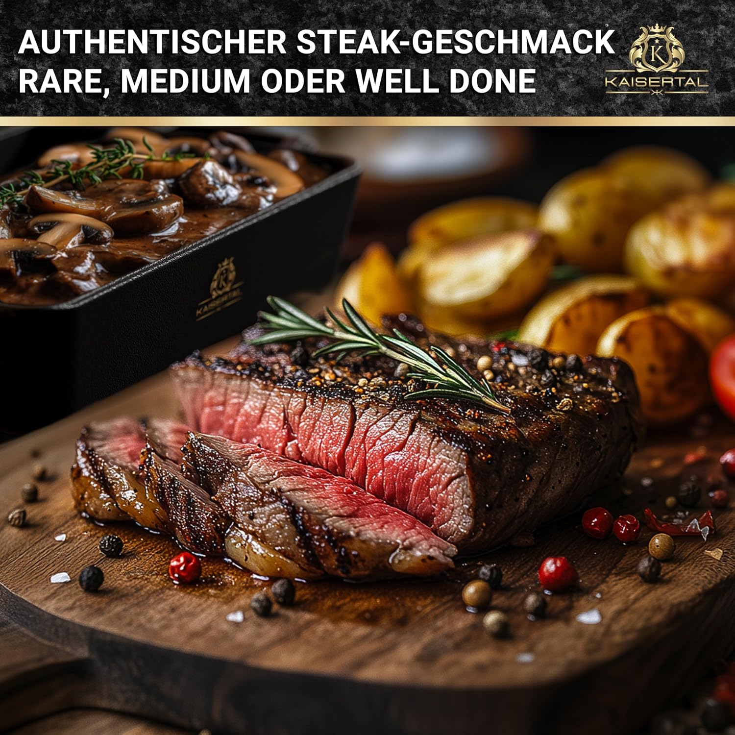 KAISERTAL 2er Set Servierpfanne Gusseisen Quadratisch 16x11 cm - Pfanne mit 2 Griffen & Holzuntersetzer von KAISERTAL