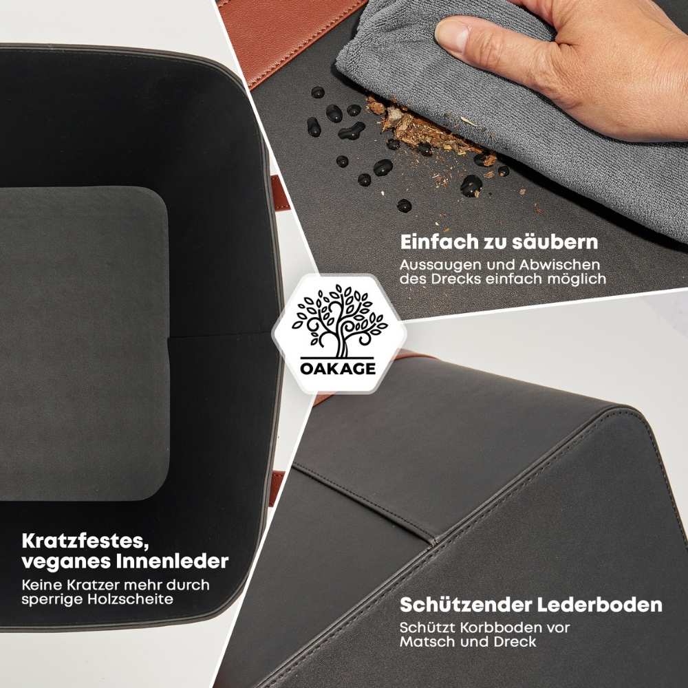 OAKAGE LuxeLeather Holzkorb Schwarz aus veganem Leder mit Buchenholzgriffen, in Verwendung neben Kaminofen