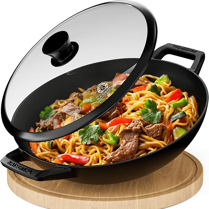 KAISERTAL Gusseisen Wok 33 cm Eingebrannt - mit Glasdeckel