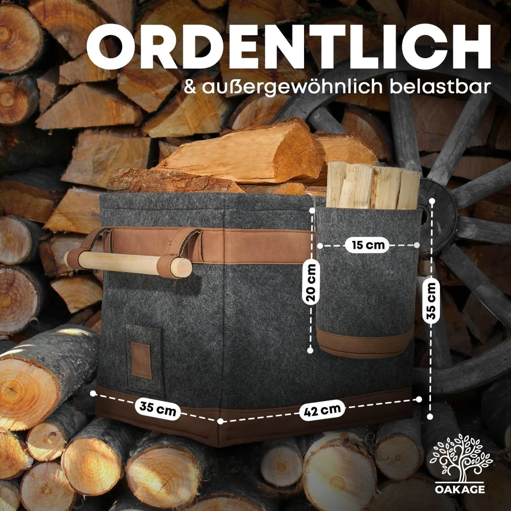 OAKAGE FireMaster Duo Holzkorb Dunkelgrau mit Zündholzkorb - Kaminholzkorb aus recyceltem Filz - 35x42x35cm