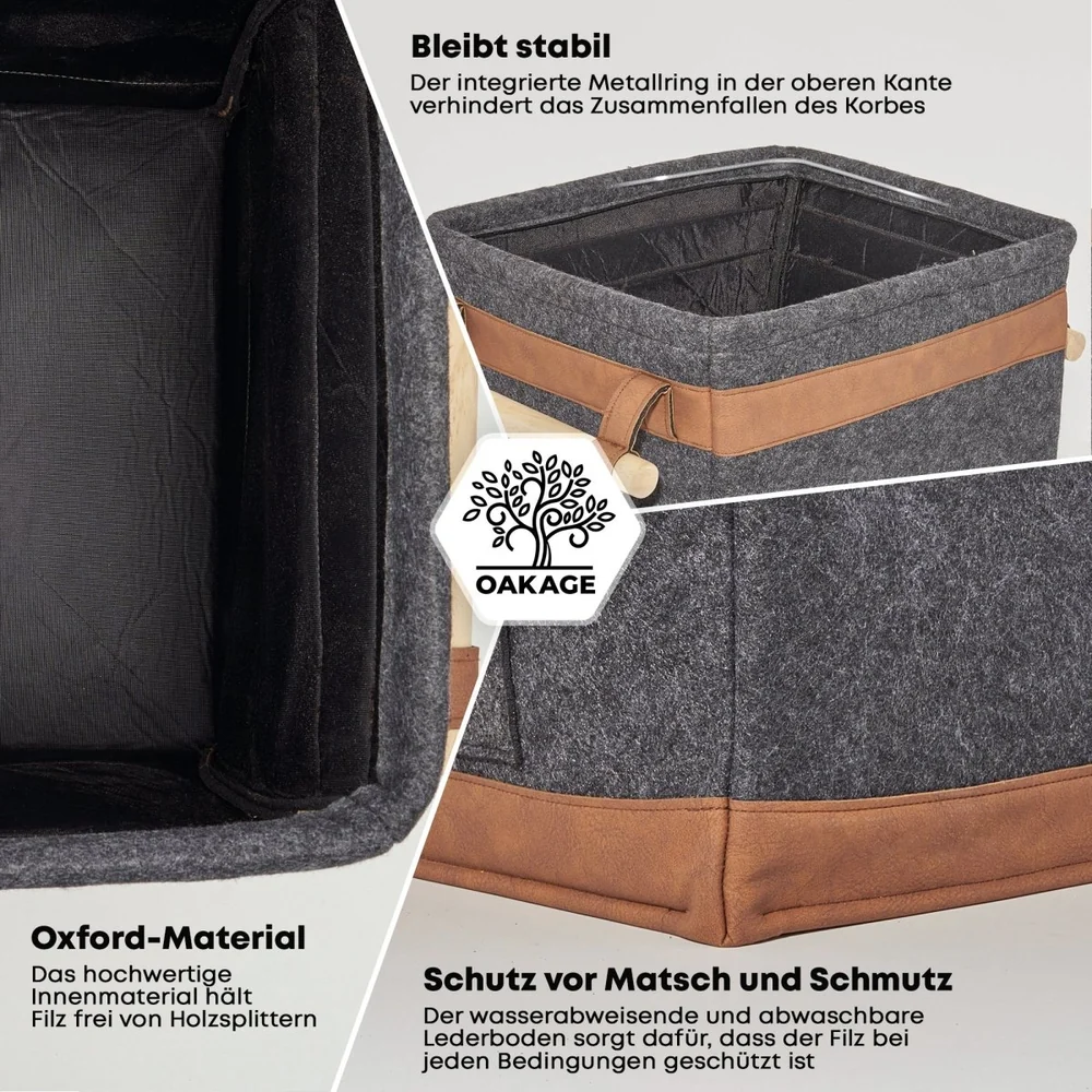OAKAGE FireMaster Duo Holzkorb Dunkelgrau mit Zündholzkorb - Kaminholzkorb aus recyceltem Filz - 35x42x35cm