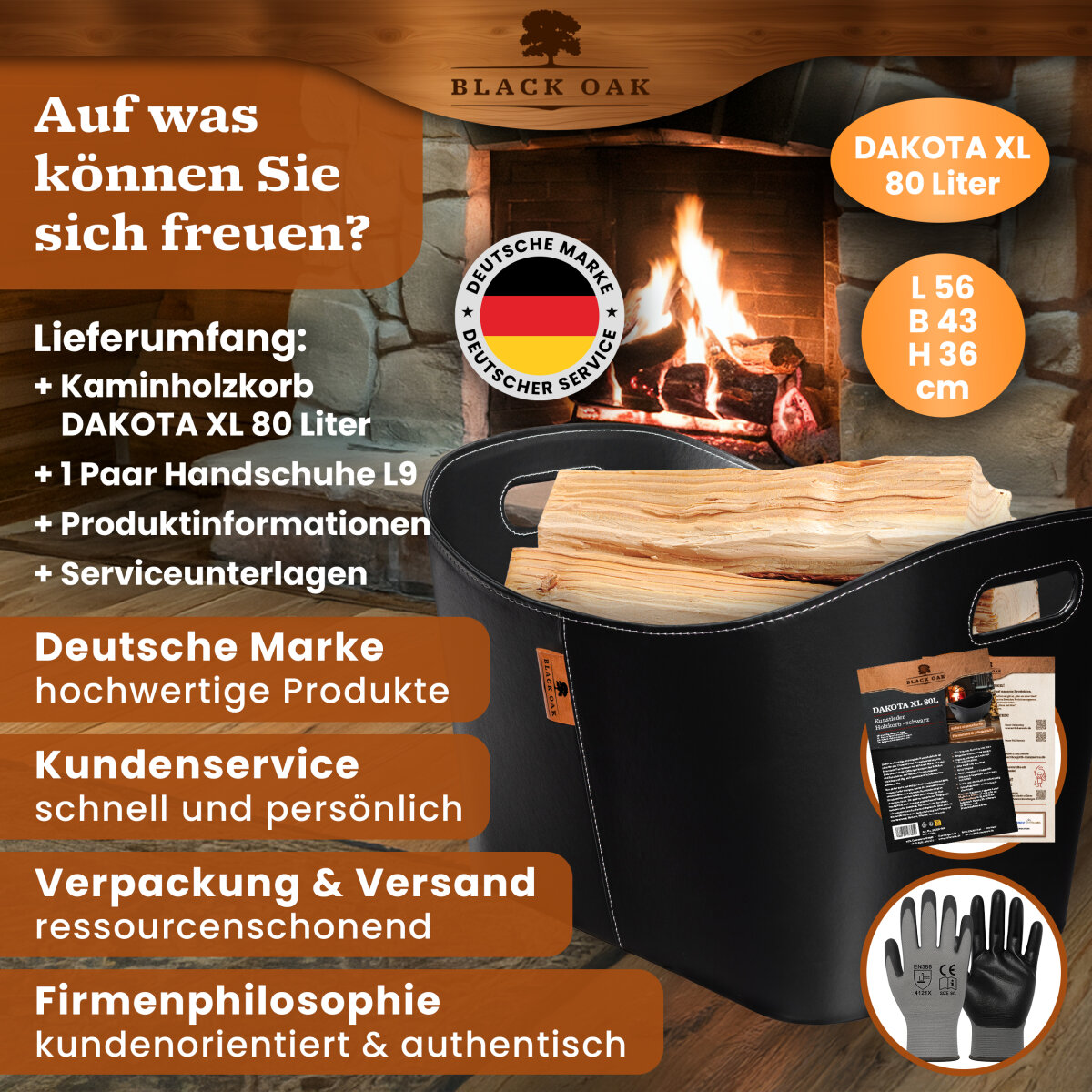 BLACK OAK DAKOTA XL 80L Holzkorb Kunstleder schwarz + Handschuhe grau von BLACK OAK