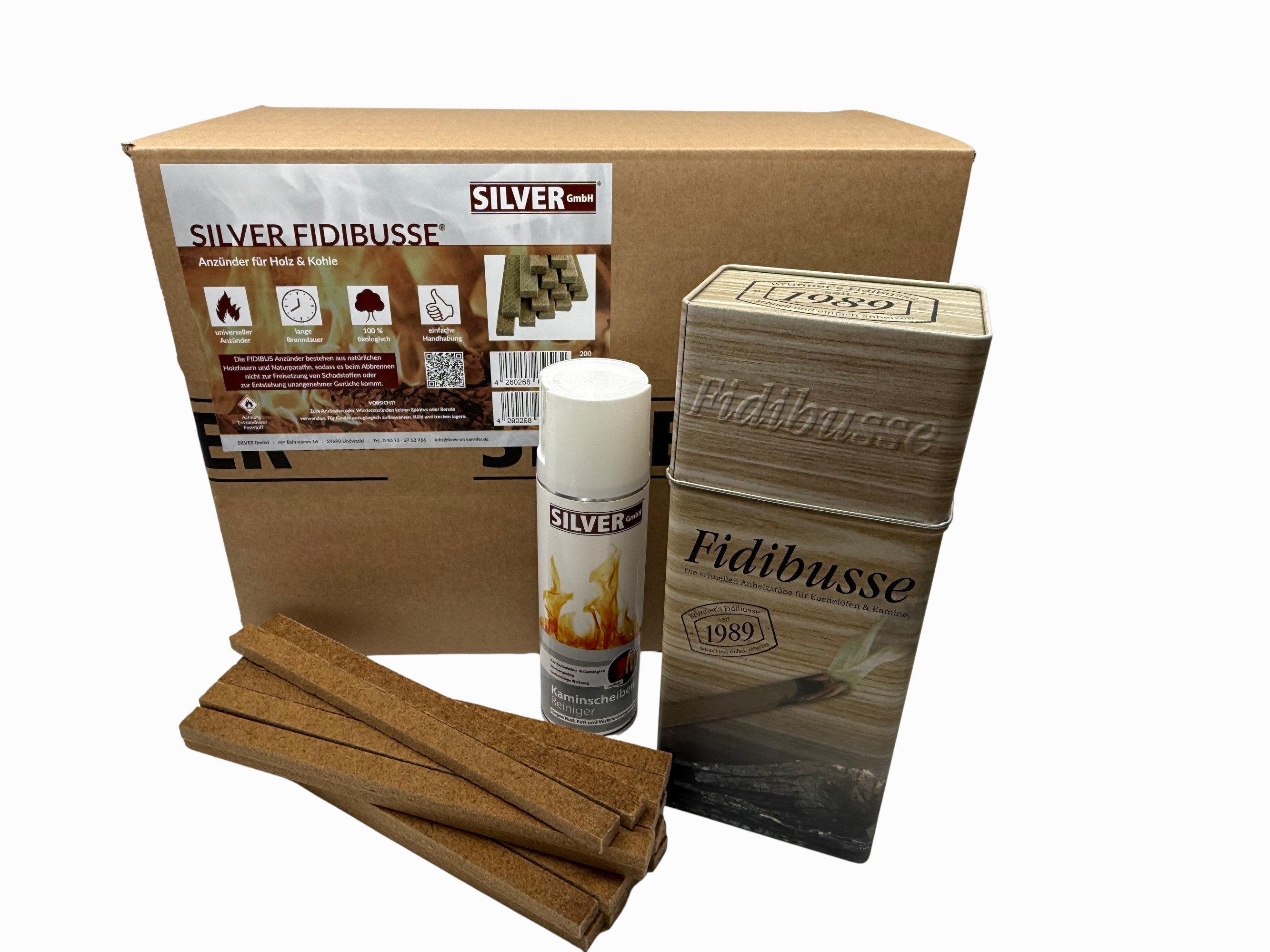 1x SILVER Fidibusse Großpackung 400 Stück + 1x Blechdose 50 Anzündern + 1x 300ml Kaminscheiben Reiniger
