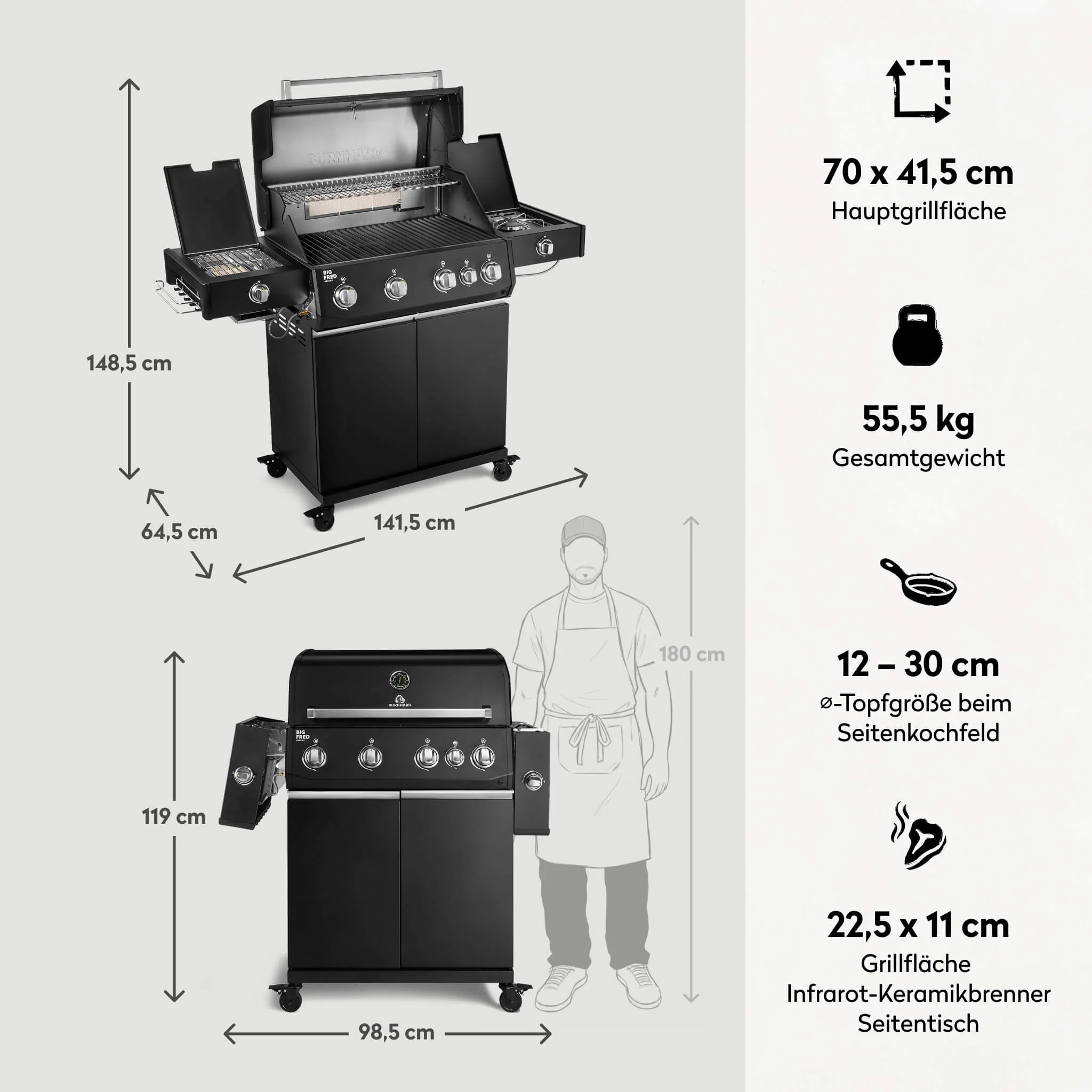 BURNHARD Big FRED Deluxe Plus Gasgrill 4 Brenner Series 4 Black Edition mit Gusseisen Grillrost Maximale BBQ Power 24,7 kW Premium Ausstattung von BURNHARD