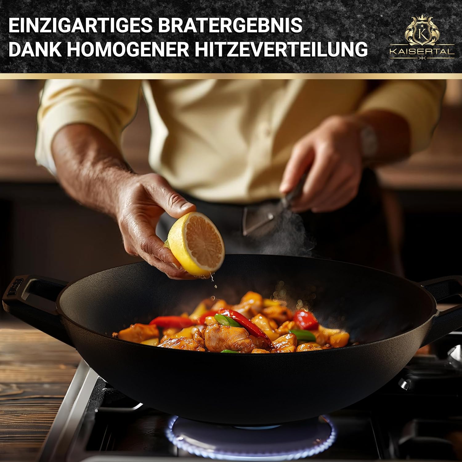 KAISERTAL Gusseisen Wok 33 cm Eingebrannt - mit Glasdeckel von KAISERTAL