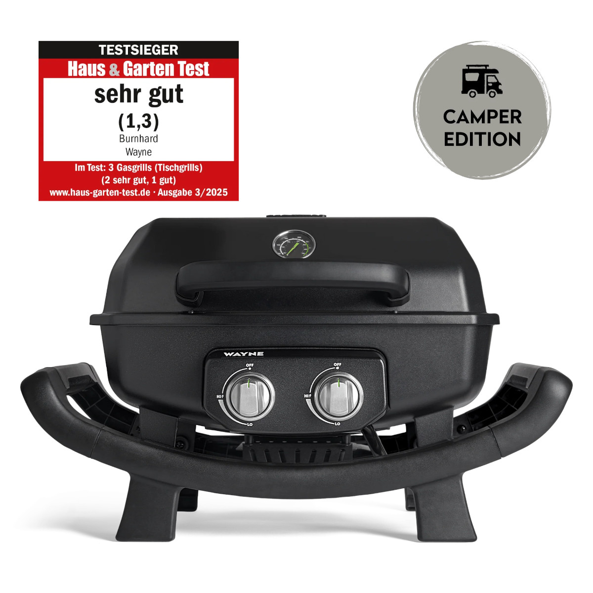 BURNHARD WAYNE 30 mbar Gasgrill 2-Brenner Camper Edition für Gas-Außensteckdose von BURNHARD