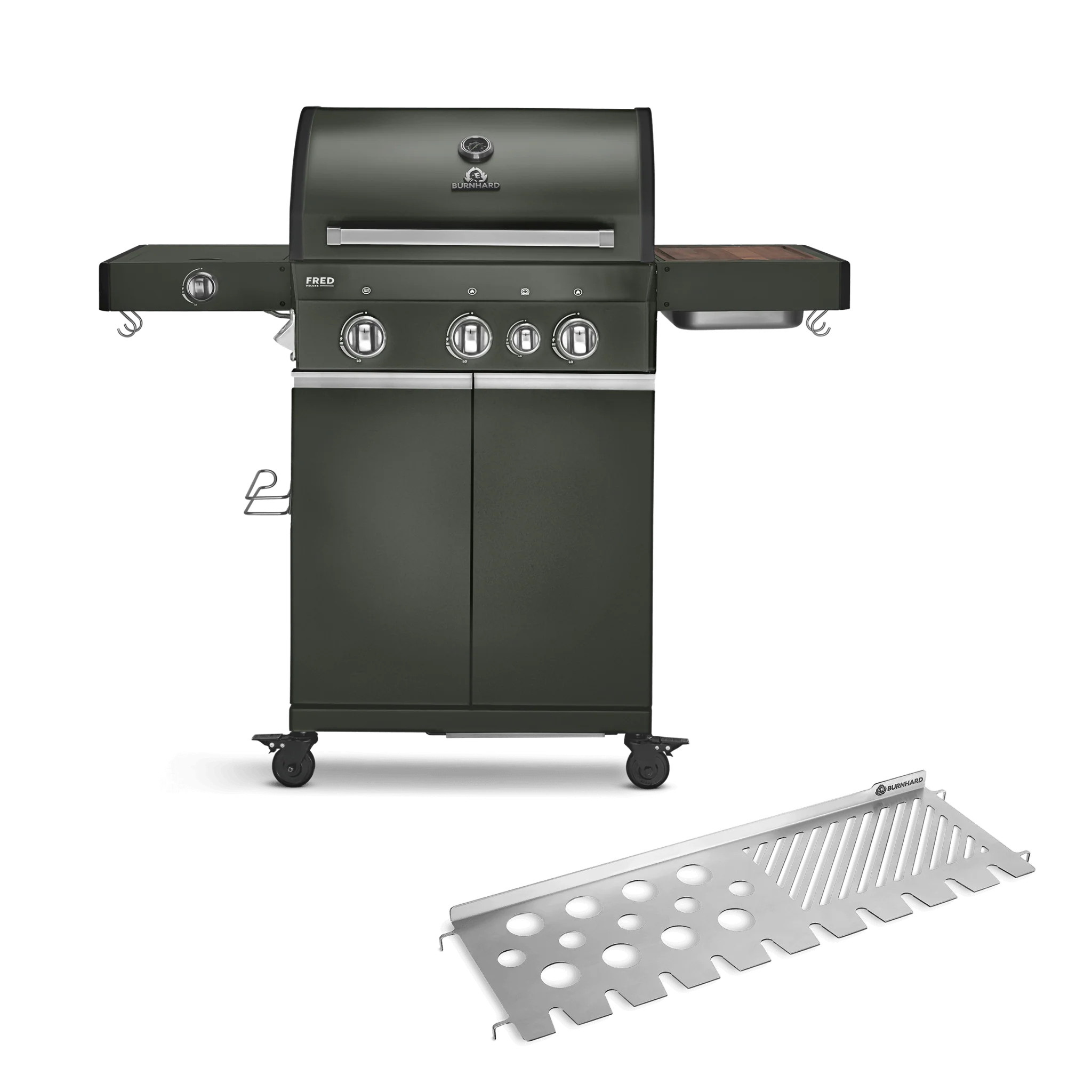 BURNHARD FRED Deluxe Gasgrill 3-Brenner in der Farbe Grün mit Gusseisenrost von BURNHARD