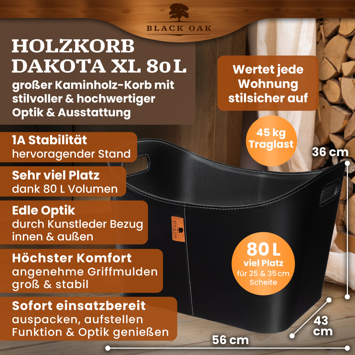 BLACK OAK DAKOTA XL 80L Holzkorb Kunstleder schwarz + Handschuhe grau