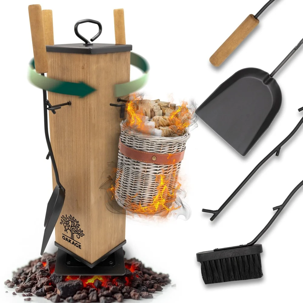 OAKAGE Kaminbesteck WillowWrap - Hochwertiges 5-teiliges Set aus Eiche & Stahl OAKAGE Kaminbesteck WillowWrap - Hochwertiges 5-teiliges Set aus Eiche & Stahl