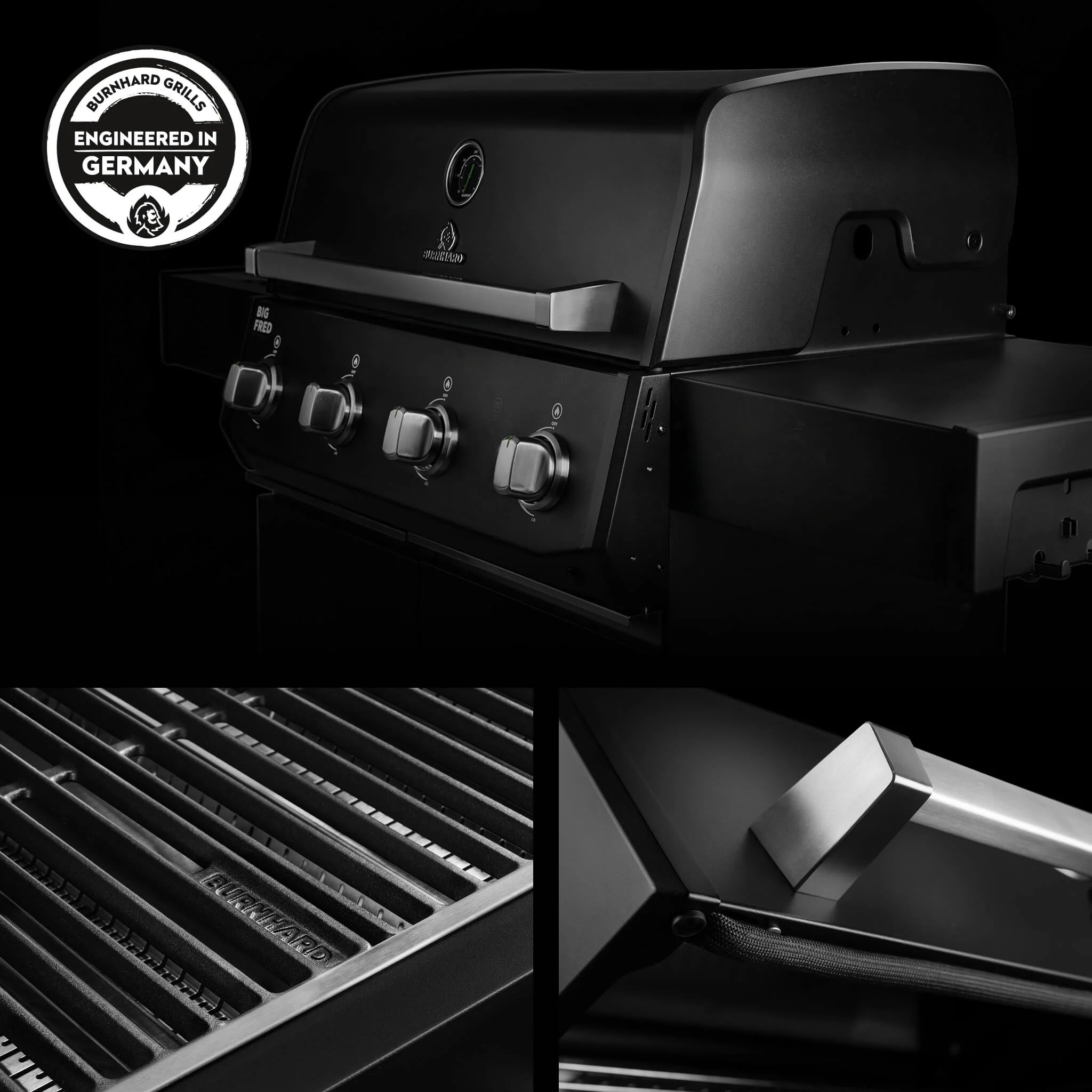 BURNHARD Big FRED Base Gasgrill 4 Brenner Series 4 Black Edition mit Gusseisen Grillrost Große Grillfläche starke Leistung 15 kW von BURNHARD