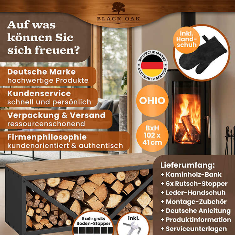 BLACK OAK Kaminholzbank Ohio schwarz matt bis 400kg - 102 × 41 × 35 cm inkl. Lederhandschuh