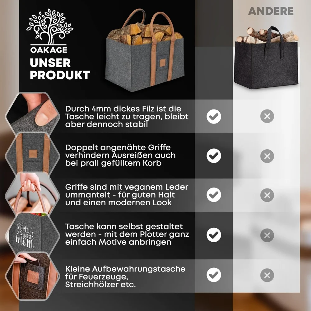 OAKAGE Holzkorb Filzshopper Dunkelgrau aus recyceltem Filz 33 x 50 x 30 cm