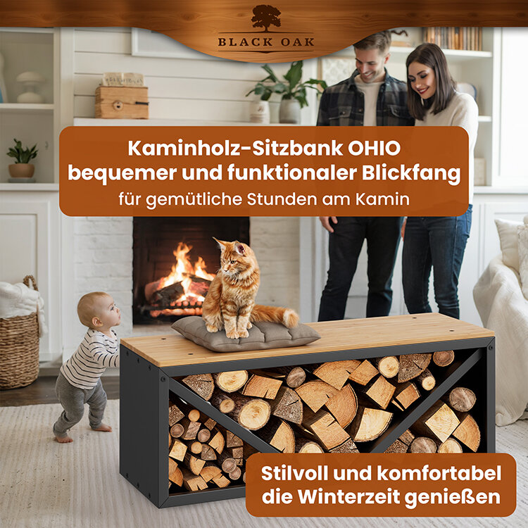 BLACK OAK Kaminholzbank Ohio schwarz matt bis 400kg - 102 × 41 × 35 cm inkl. Lederhandschuh