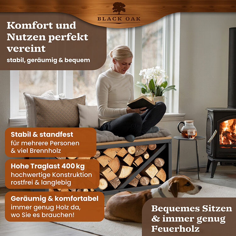 BLACK OAK Kaminholzbank Ohio schwarz matt bis 400kg - 102 × 41 × 35 cm inkl. Lederhandschuh