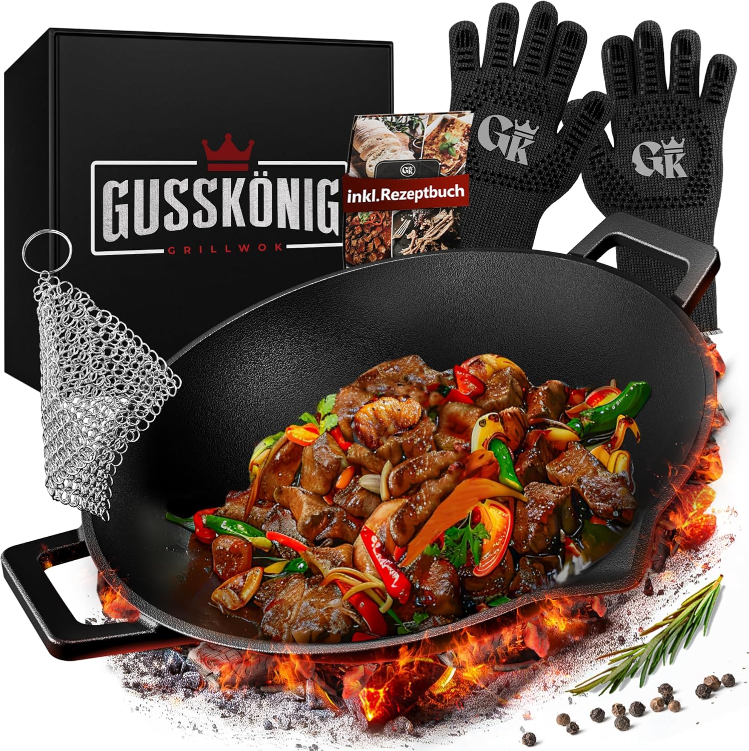 GUSSKÖNIG Gusseisen Wok Pfanne - 36 cm robuste Wokpfanne inklusive Edelstahl Ringreiniger & Grillhandschuhe