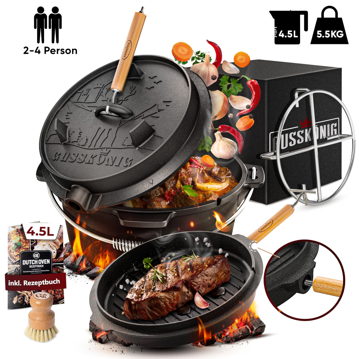 GUSSKÖNIG 4,5 Liter Dutch Oven Set ohne Füße | Eingebrannter Feuertopf | 2in1 Deckelheber | Bürste von GUSSKÖNIG