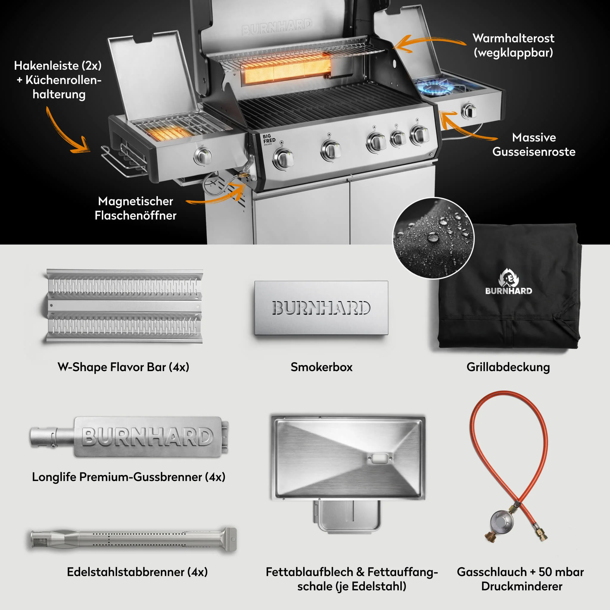BURNHARD Big FRED Deluxe Plus Gasgrill 4 Brenner Series 4 Edelstahl Grill mit Gusseisen Grillrost Maximale BBQ Power 24,7 kW Premium Ausstattung von BURNHARD