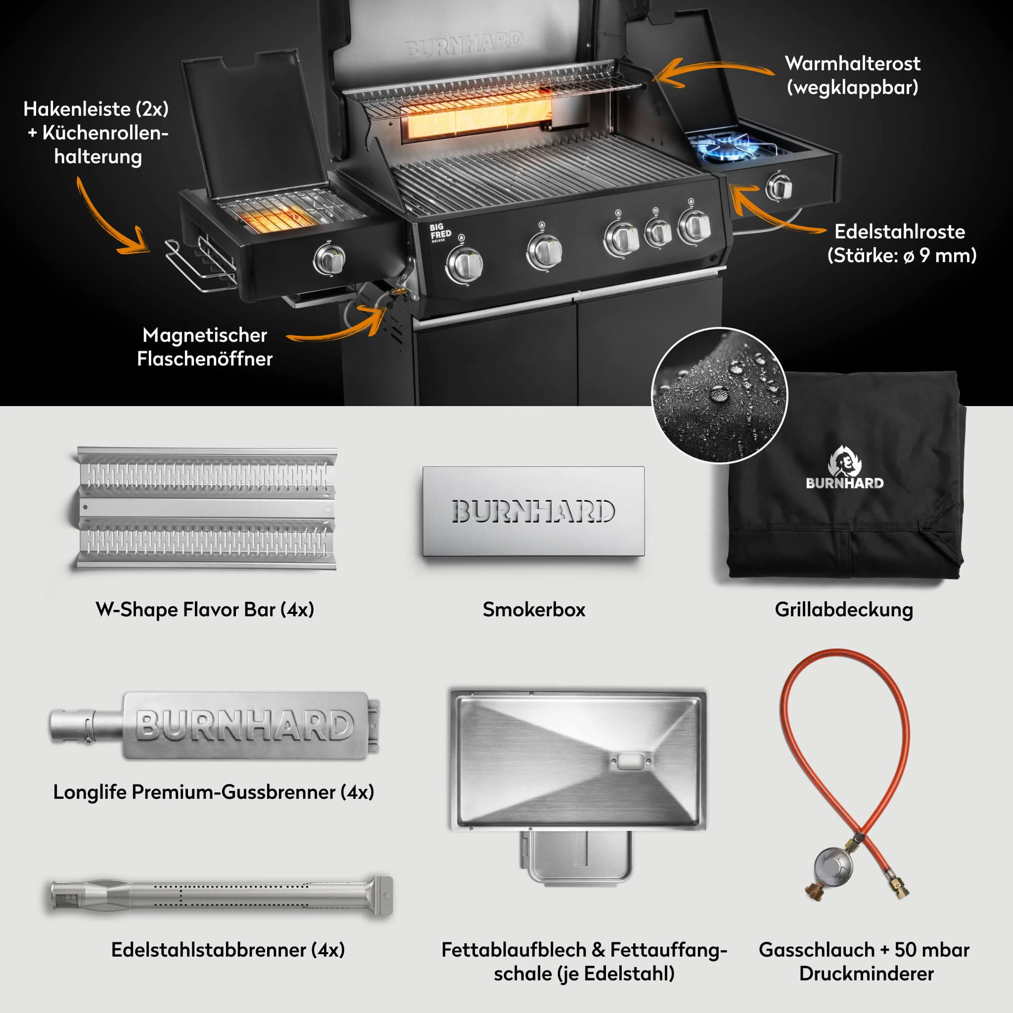 BURNHARD Big FRED Deluxe Plus Gasgrill 4 Brenner Series 4 Black Edition mit Edelstahl Grillrost Maximale BBQ Power 24,7 kW Premium Ausstattung von BURNHARD