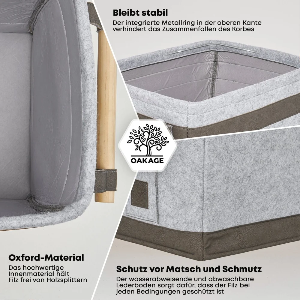 OAKAGE FireMaster Holzkorb Dunkelgrau aus recyceltem Filz mit Buchenholzgriffen - 35x42x35cm