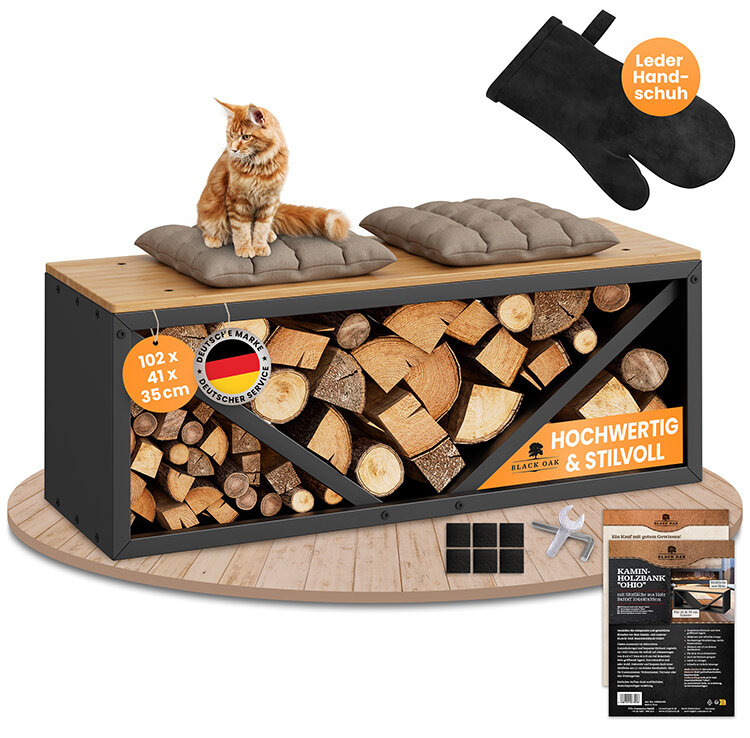 BLACK OAK Kaminholzbank Ohio schwarz matt bis 400kg - 102 × 41 × 35 cm inkl. Lederhandschuh