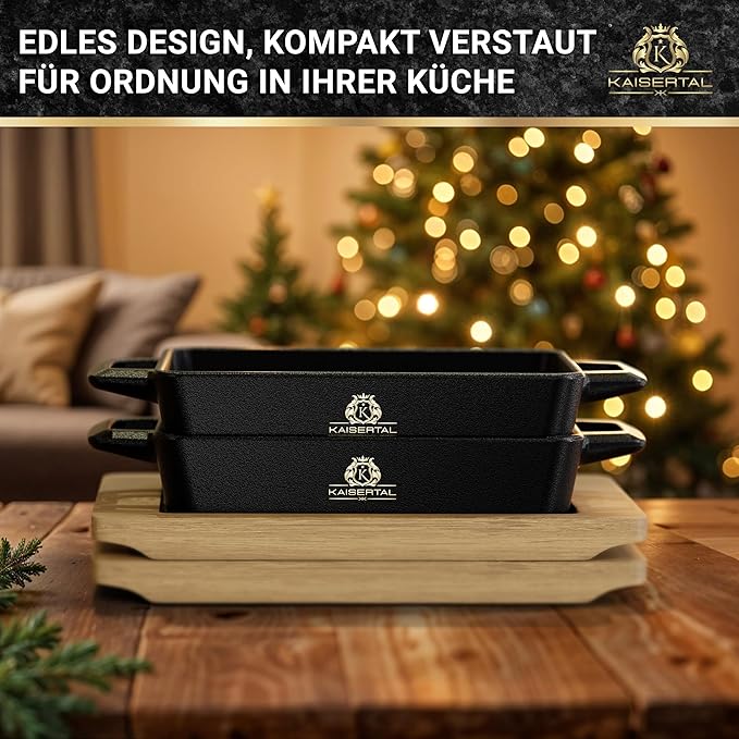 KAISERTAL Servierpfanne Gusseisen Quadratisch 16x11 cm - Pfanne mit 2 Griffen & Holzuntersetzer von KAISERTAL