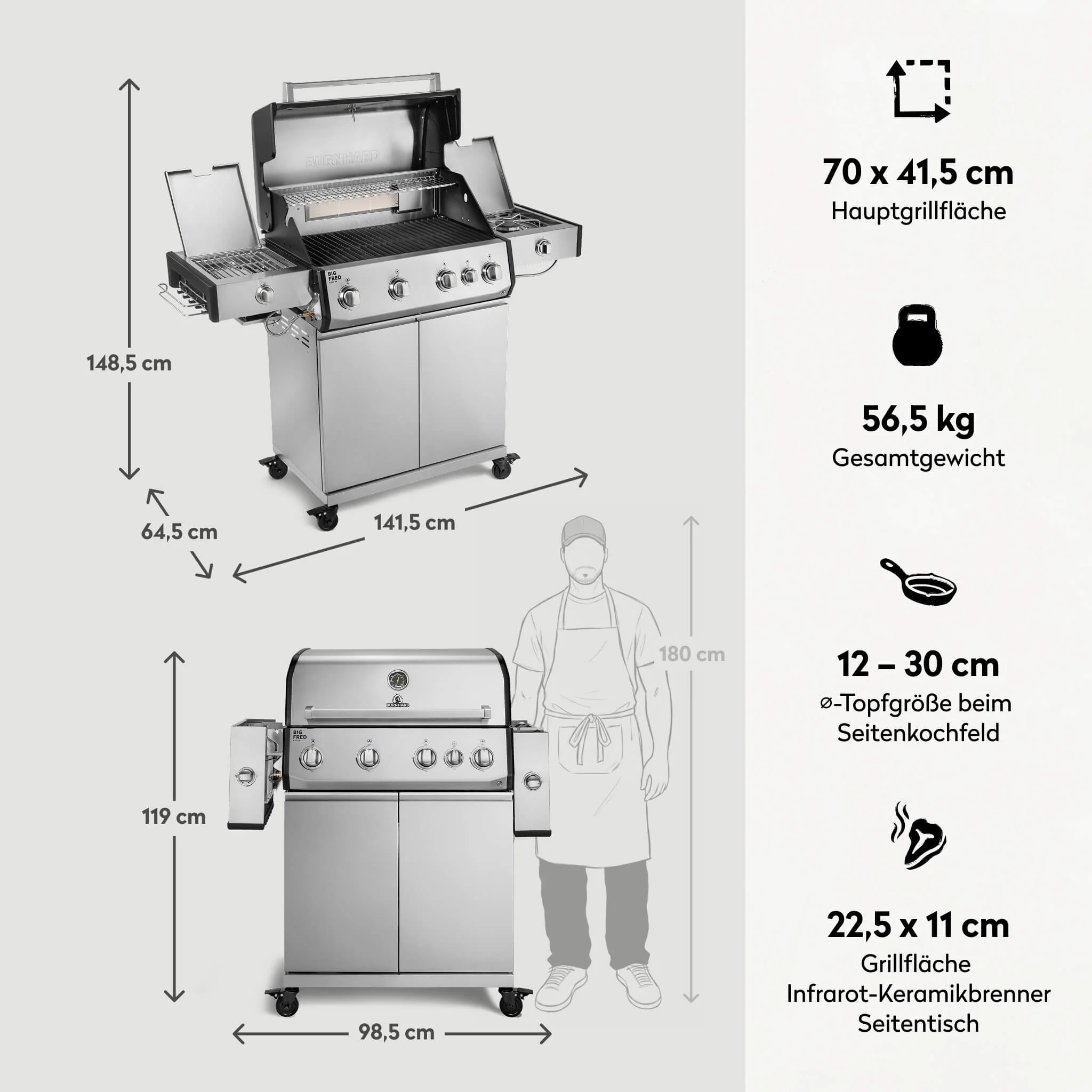 BURNHARD Big FRED Deluxe Plus Gasgrill 4 Brenner Series 4 Edelstahl Grill mit Gusseisen Grillrost Maximale BBQ Power 24,7 kW Premium Ausstattung von BURNHARD