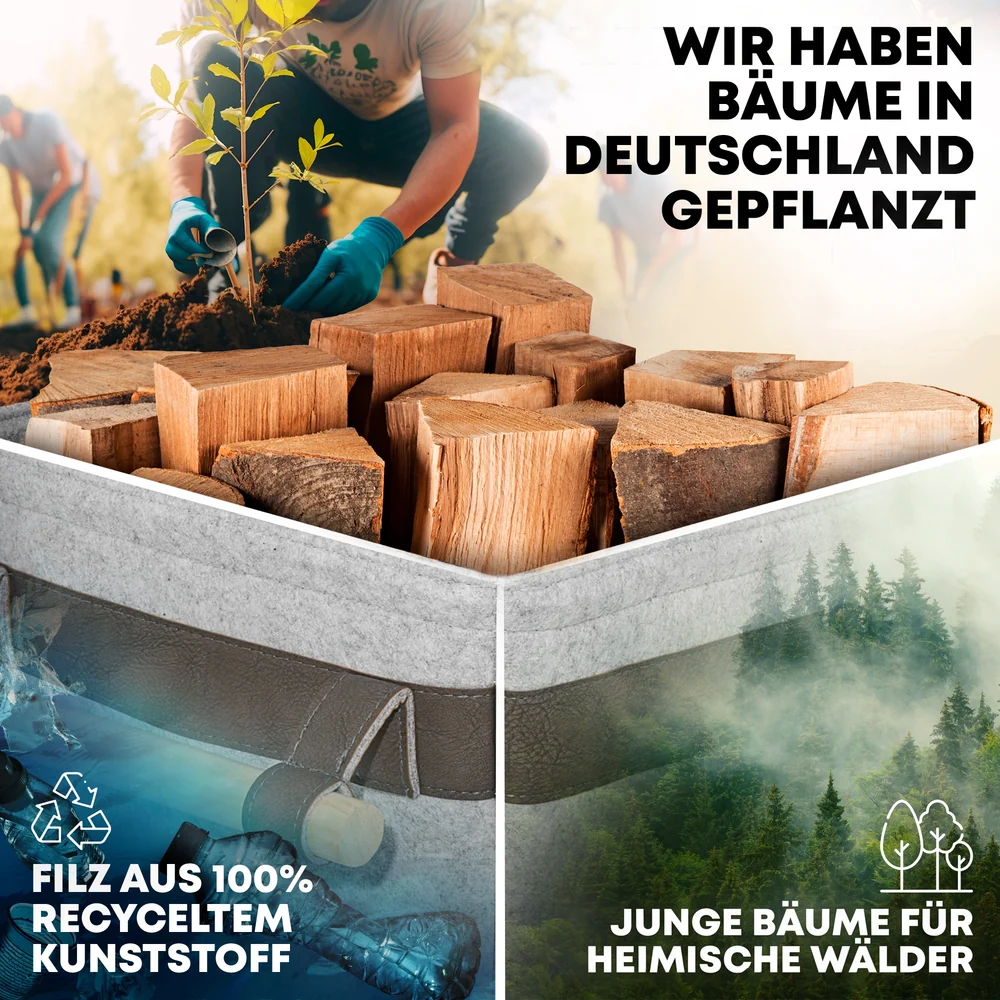 OAKAGE FireMaster Duo Holzkorb Hellgrau mit Zündholzkorb aus recyceltem Filz - 35x42x35cm