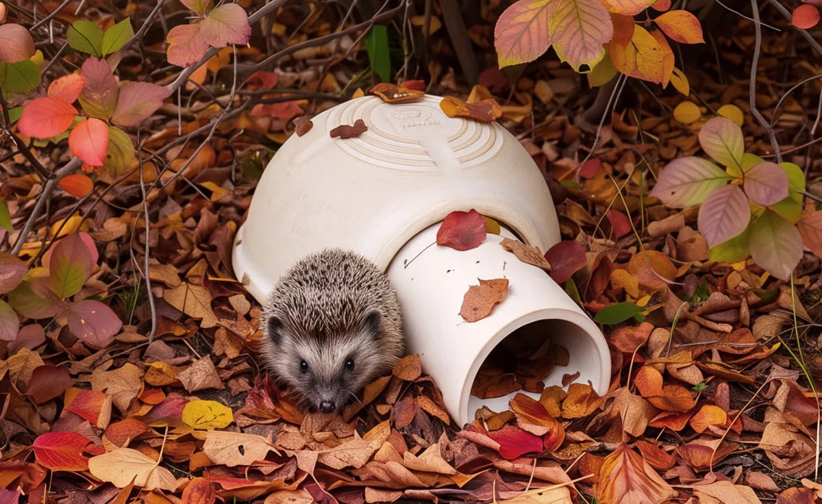 DENK Keramik Igelhaus aus CeraNatur mit Eingangstunnel im Herbstlaub, Igel schaut heraus