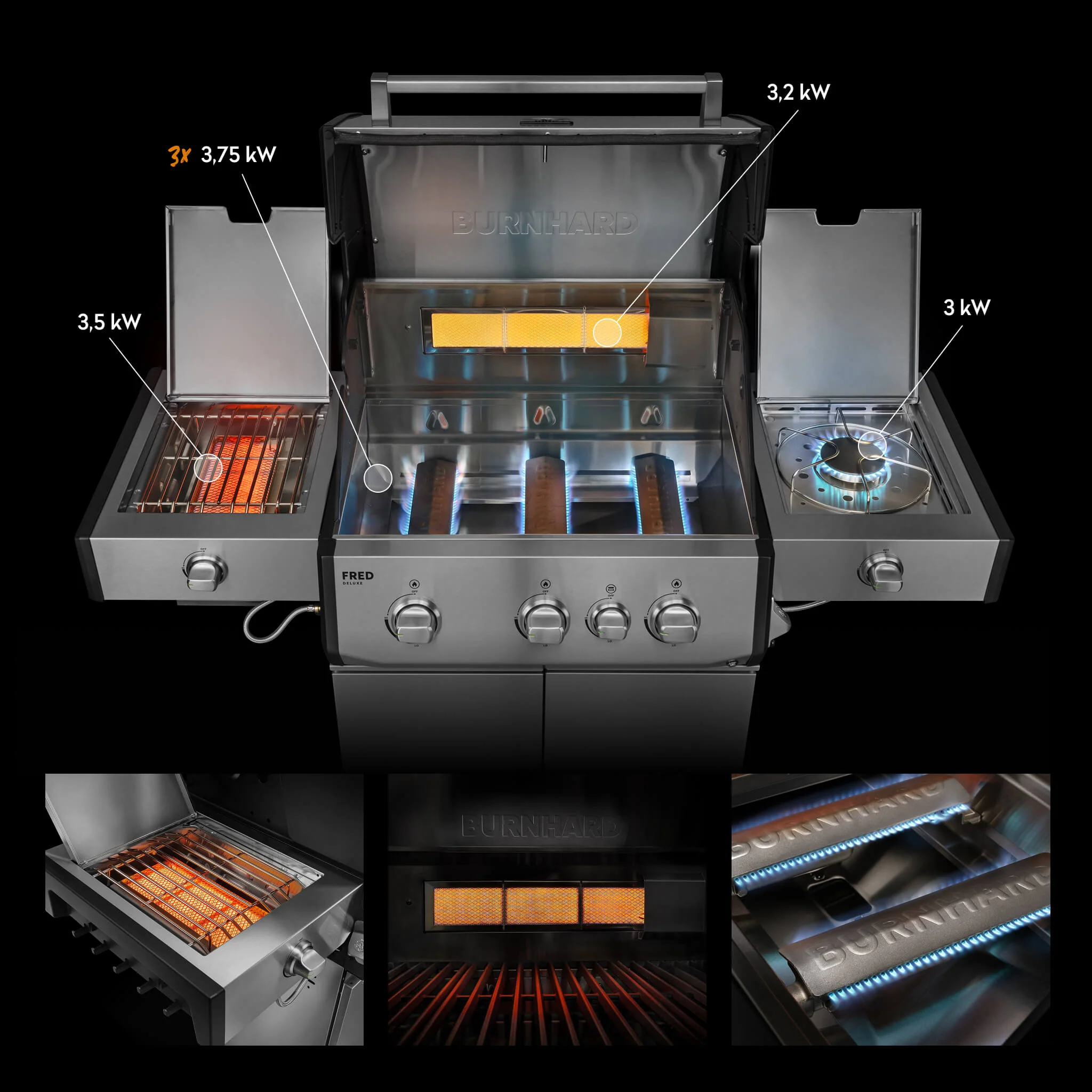 BURNHARD FRED Deluxe Plus Gasgrill 3 Brenner Series 4 Edelstahl Grill Maximale BBQ Power 20,95 kW Premium Ausstattung von BURNHARD
