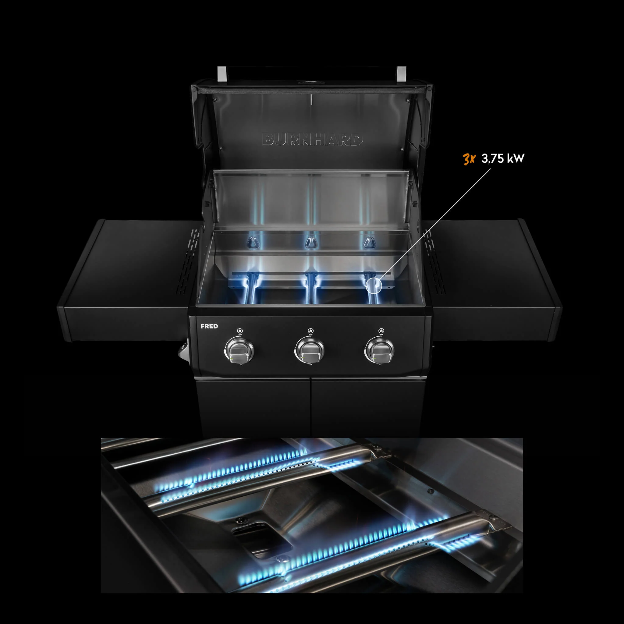 BURNHARD FRED Base Gasgrill 3 Brenner Series 4 Black Edition mit Gusseisenrost Kraftvoll vielseitig modern von BURNHARD
