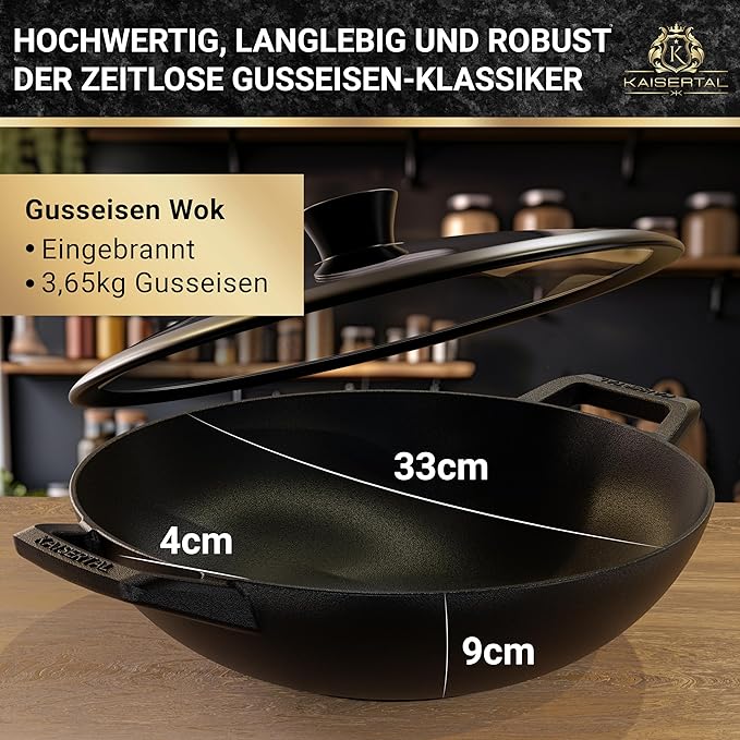 KAISERTAL Gusseisen Wok 33 cm Eingebrannt - mit Glasdeckel von KAISERTAL