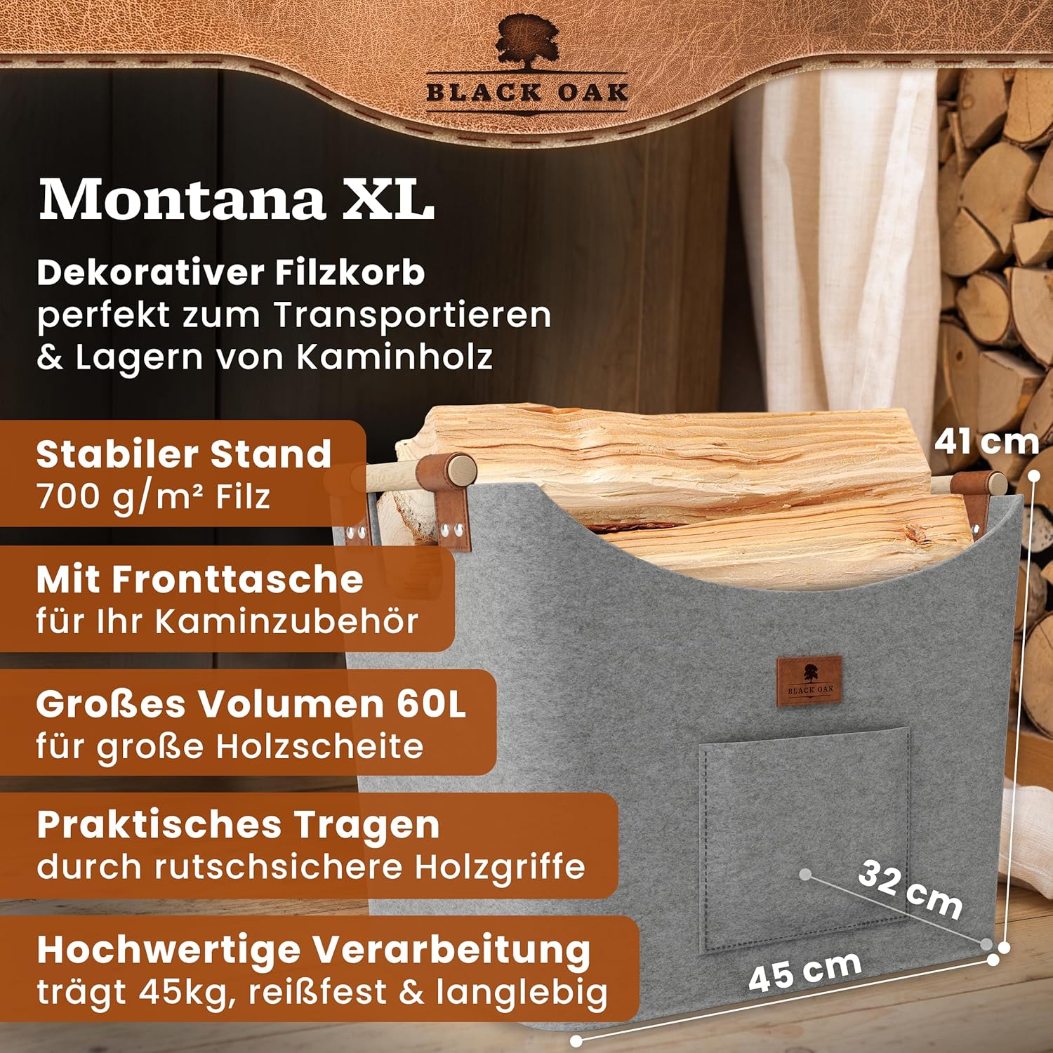 BLACK OAK Montana XL 60L Holzkorb aus Filz hellgrau von BLACK OAK