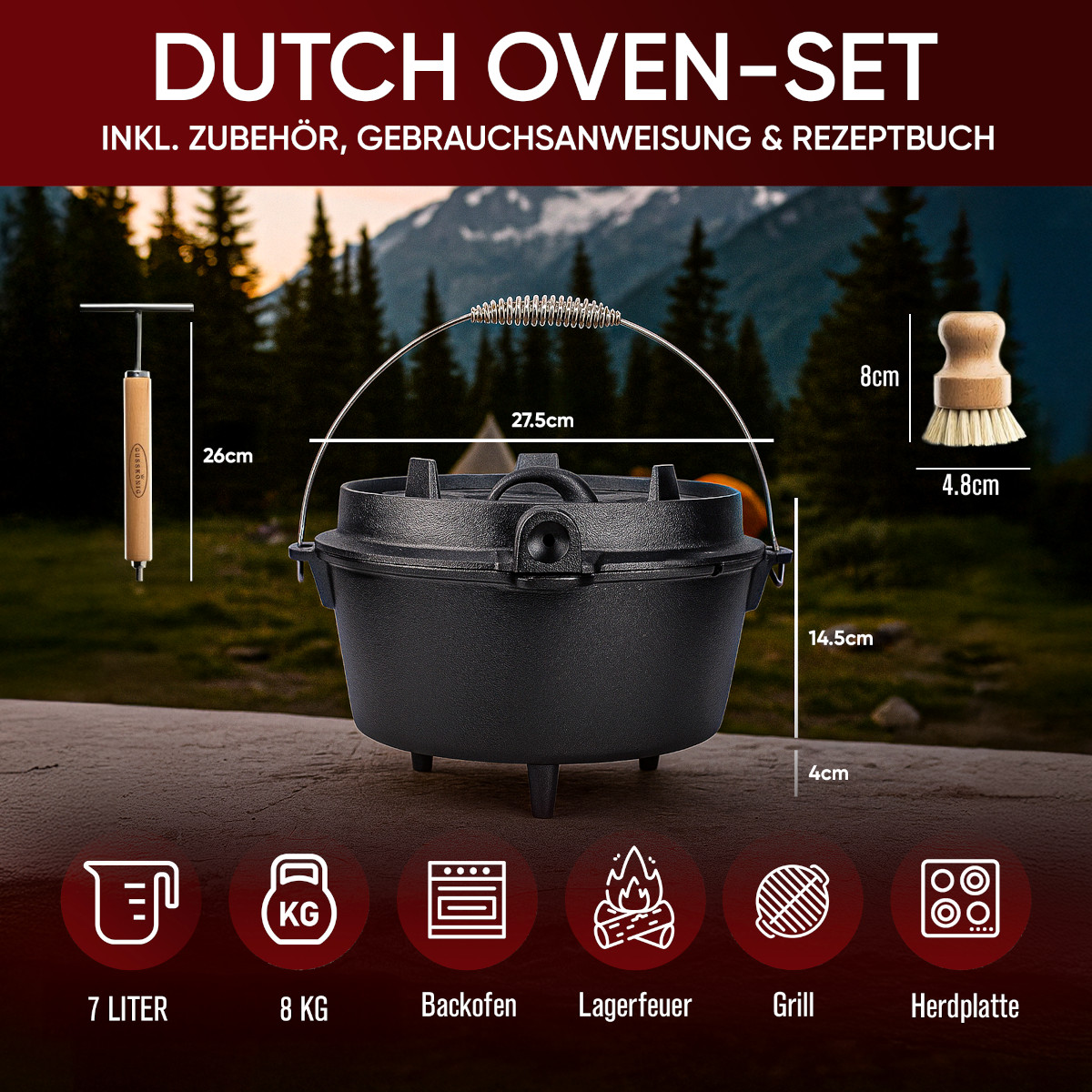 GUSSKÖNIG 7 Liter Dutch Oven Set mit Füße mit 2in1 Deckelheber von GUSSKÖNIG
